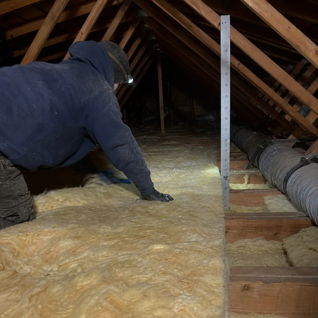 Technician installing fiberglass insulation batts in a residential attic