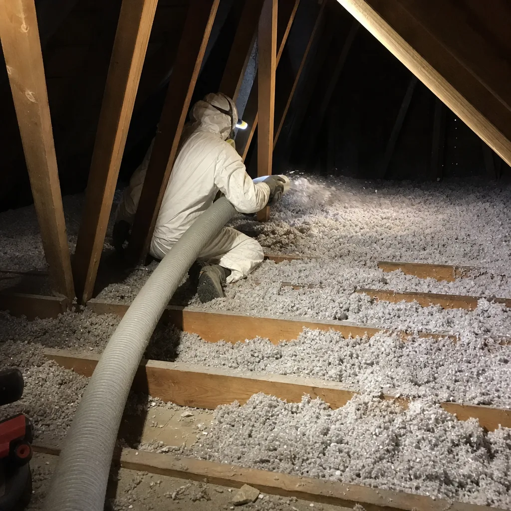 Technician installing blown-in attic insulation for improved home energy efficiency
