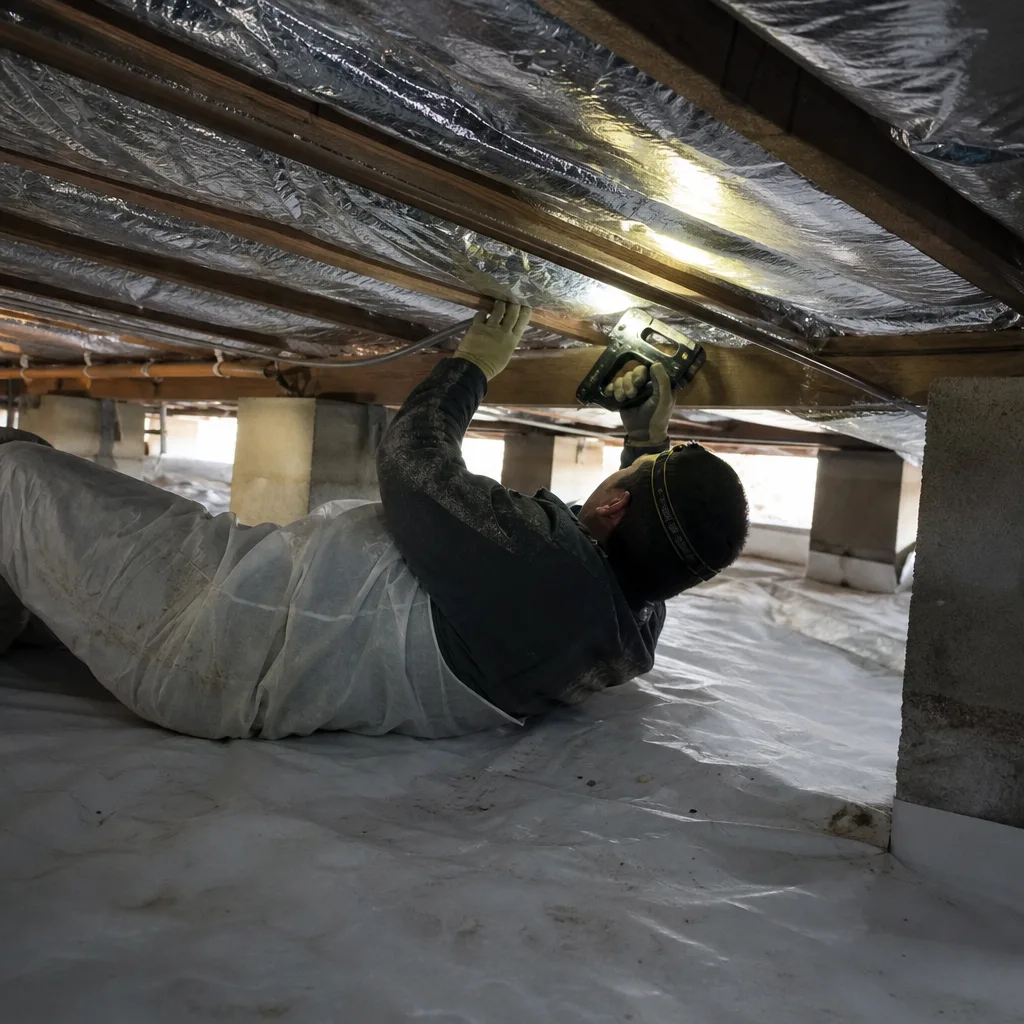 Contractor installing vapor barrier insulation in a home crawl space.