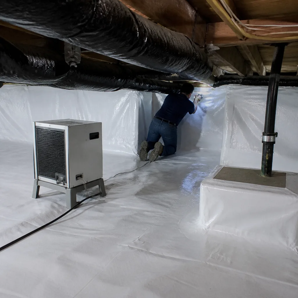 Technician performing professional crawl space encapsulation and vapor barrier installation.