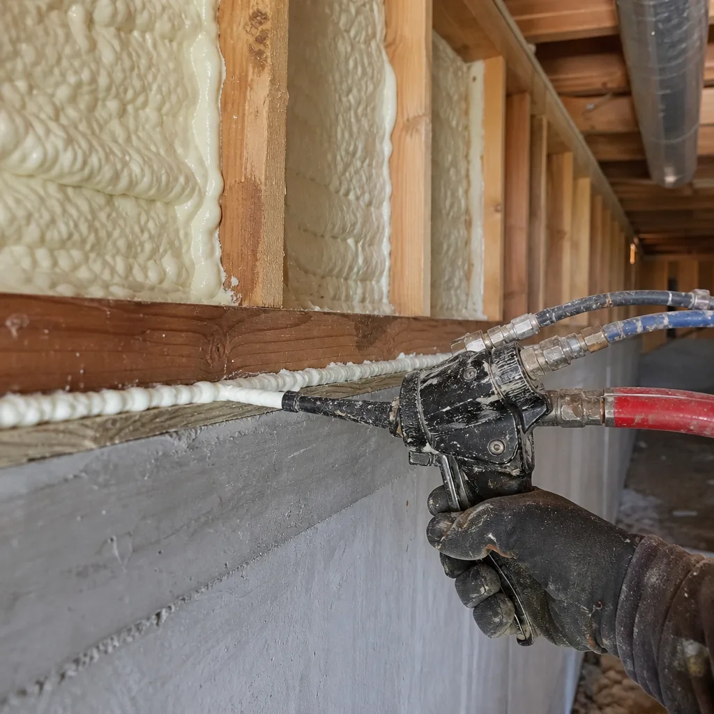 Professional applying spray foam insulation to a wall and foundation seam